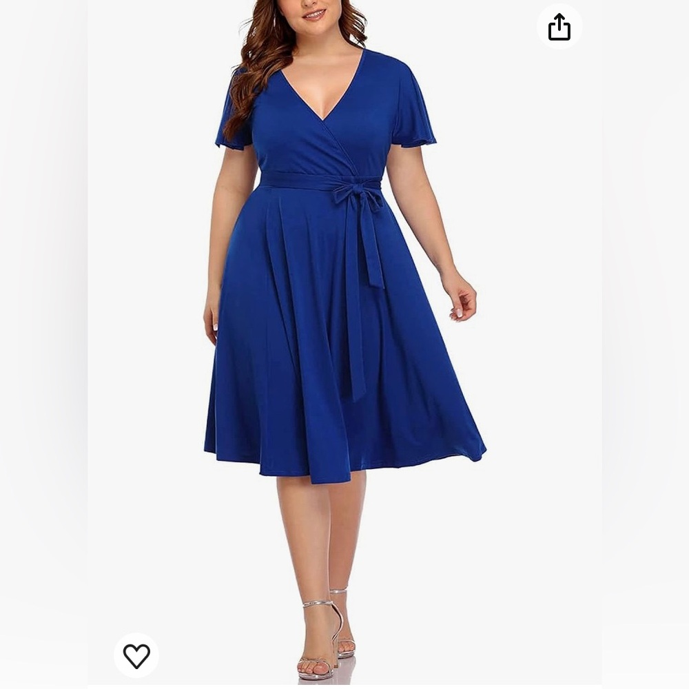 Plus Size Wrap V Neck Midi Short Flutter Sleeve Summer Dress Royal Blue